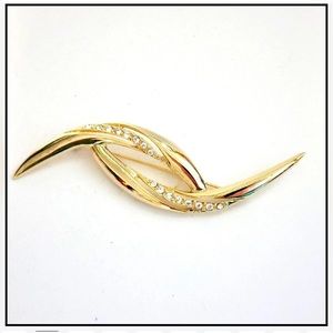 🌺🌸🌼Vintage Gold Tone Swirl Rhinestone Modernist Two Lines Brooch Pin